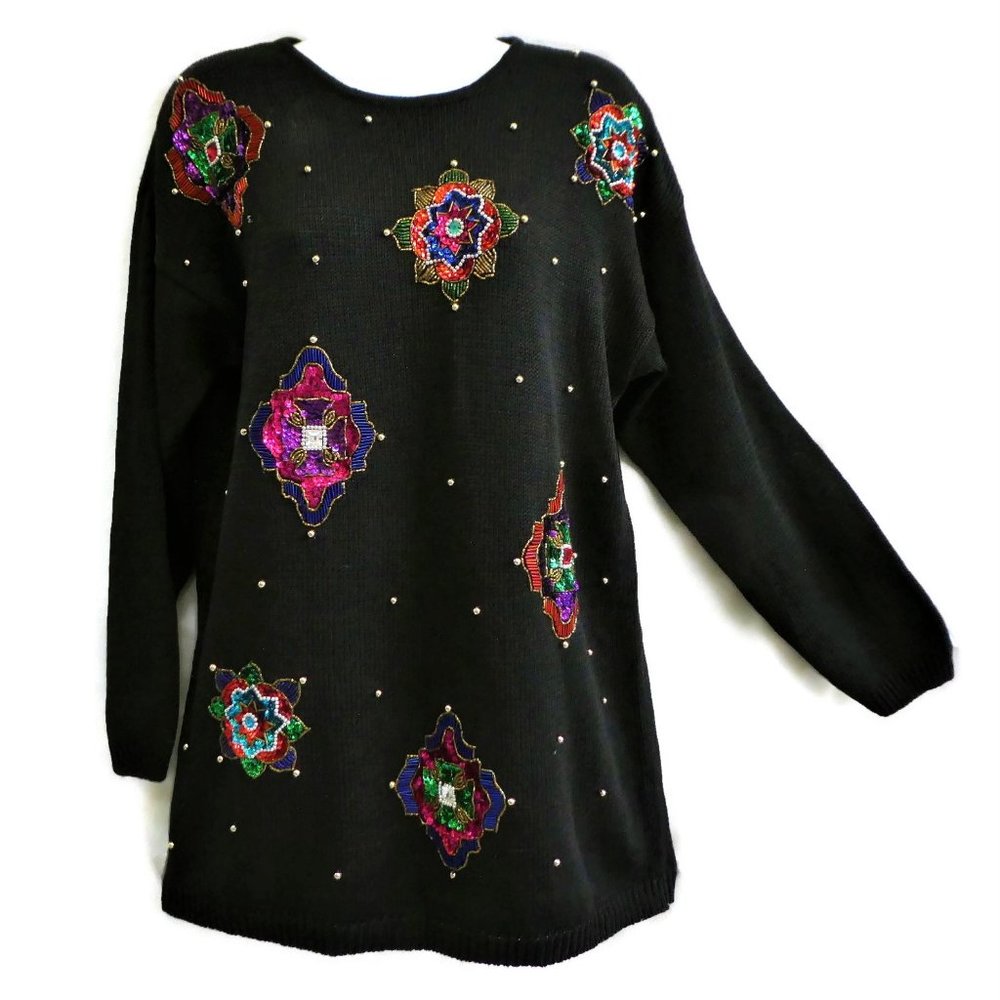 Victoria Jones Tunic Sweater Kitsch Festive Party Sequin Beads Bling Vintage 90s